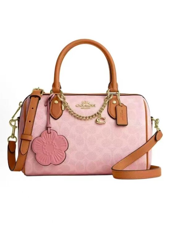 None Handbags - Coach Medium Rowan Satchel In Signature Canvas Powder Pink With Charms